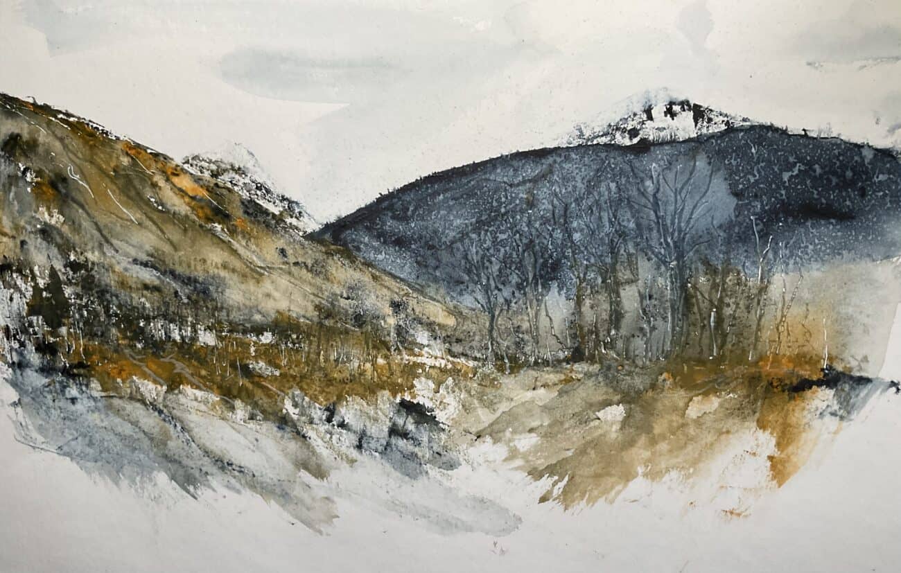 Watercolour landscape of dark wooded hills and a rugged ochre slope beneath a pale, cloudy sky, with loose washes suggesting a rough foreground.