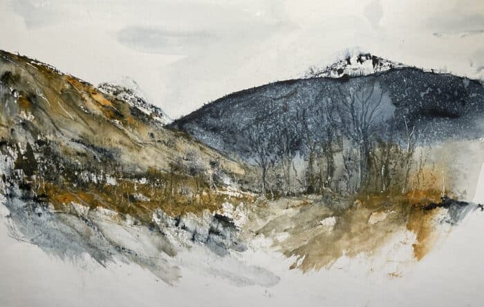 Watercolour landscape of dark wooded hills and a rugged ochre slope beneath a pale, cloudy sky, with loose washes suggesting a rough foreground.
