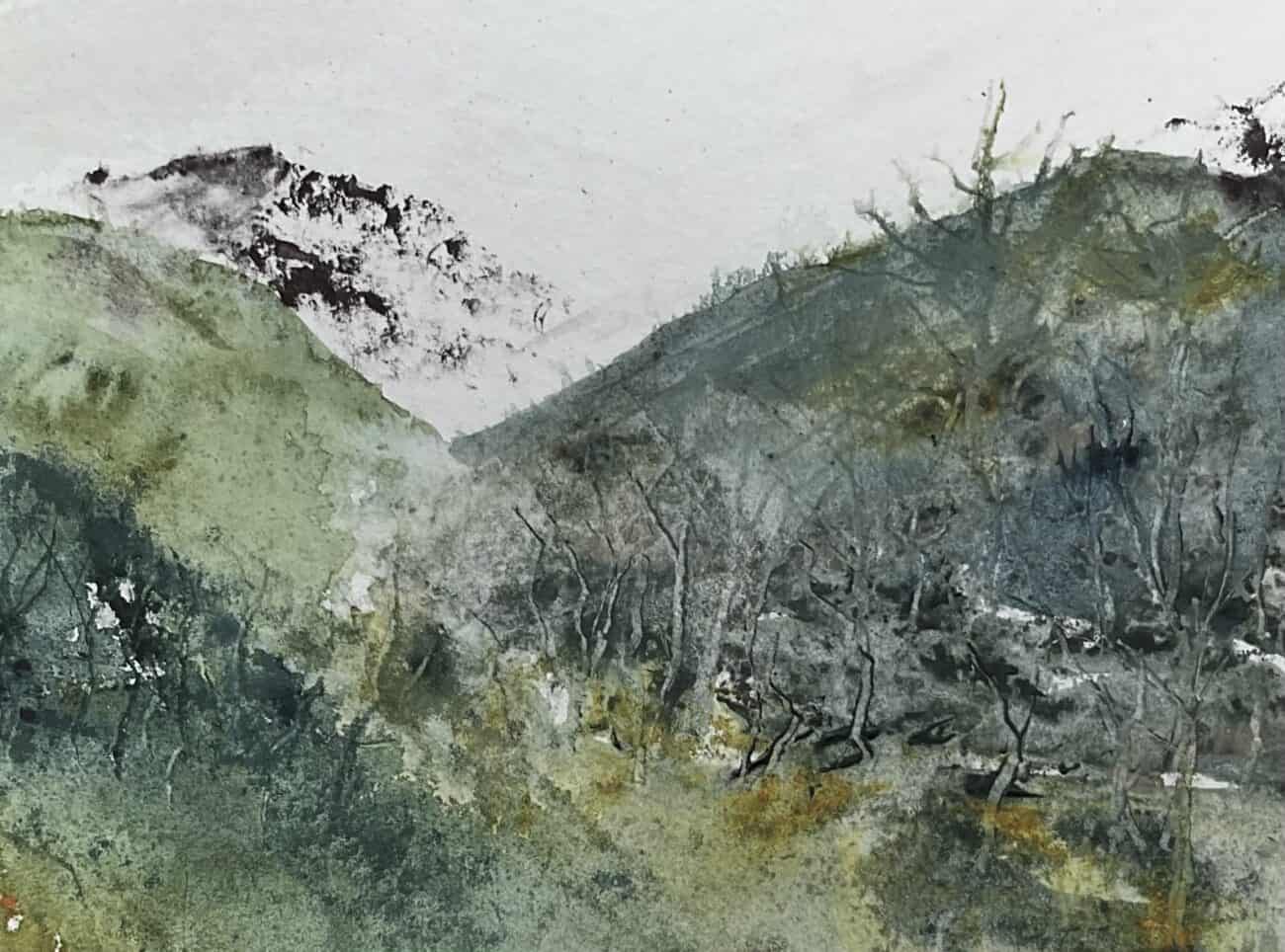 Watercolour landscape of rugged green and grey hills, with dark rocky outcrops, sparse trees and pale sky.