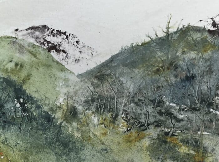 Watercolour landscape of rugged green and grey hills, with dark rocky outcrops, sparse trees and pale sky.