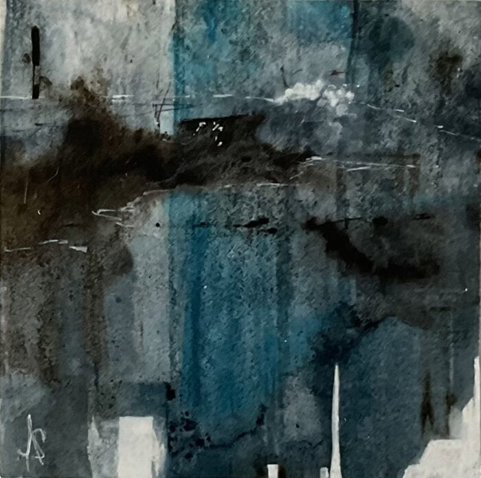 Abstract watercolour painting with dark stormy textures, teal-blue vertical areas, grey washes, black forms, and thin white linear marks.
