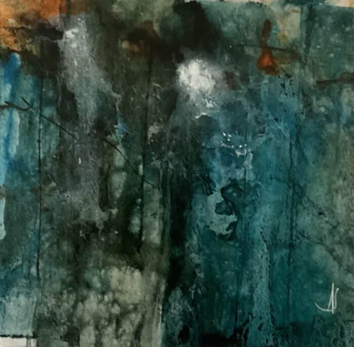 Abstract painting with layered teal, turquoise, gray, black, and ochre textures, including pale vertical areas and small orange accents.