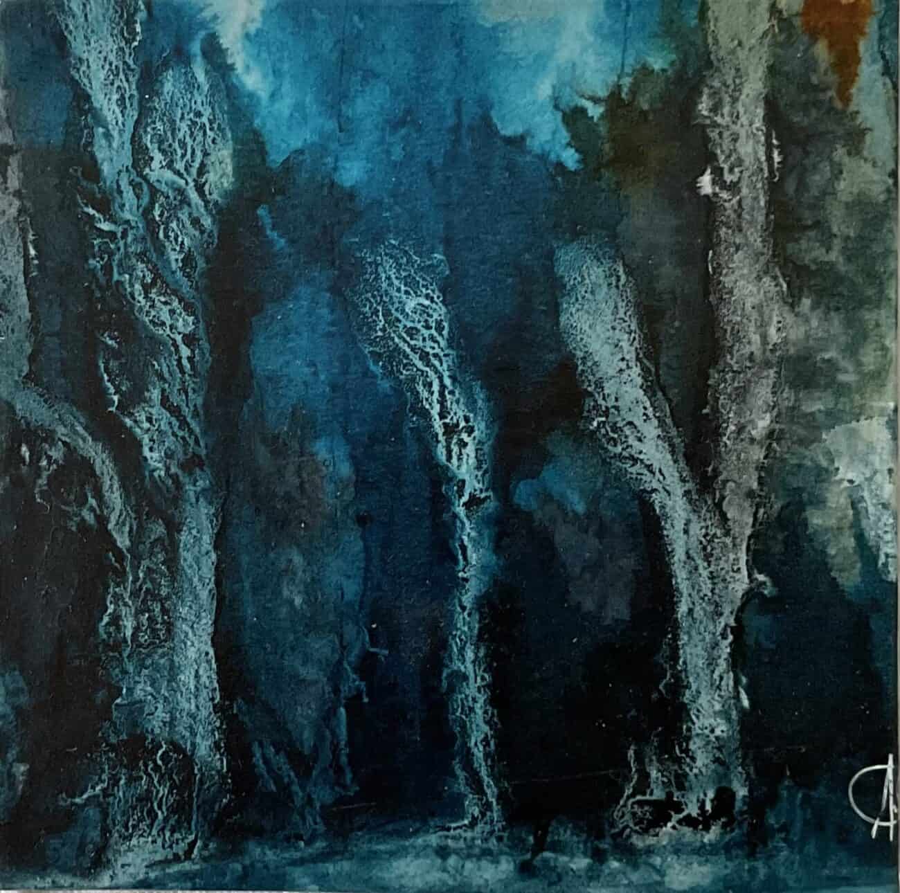 Abstract artwork with dark teal and blue vertical forms, pale textured streaks, and a small warm brown area near the upper right.