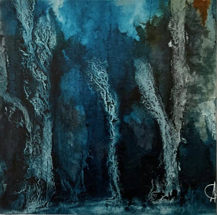 Abstract artwork with dark teal and blue vertical forms, pale textured streaks, and a small warm brown area near the upper right.