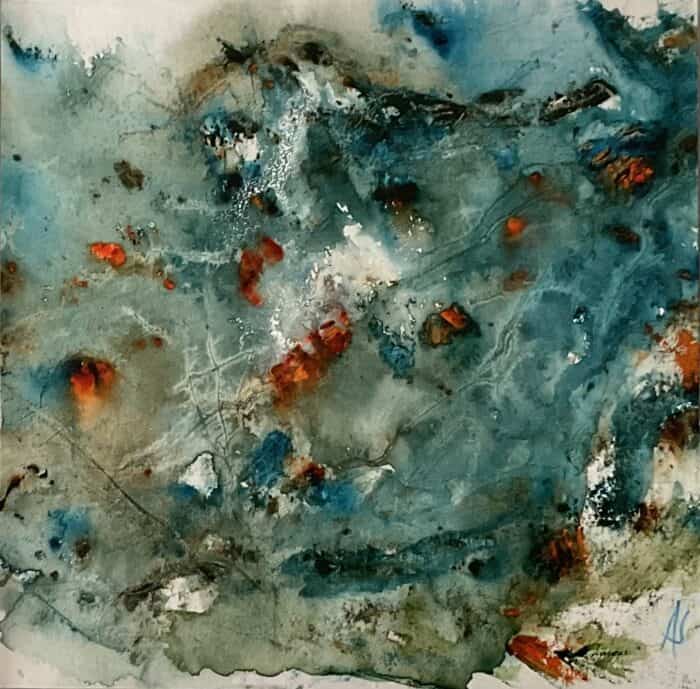 Abstract painting of turbulent blue-green water-like forms with dark ripples, pale washes, and scattered orange-red accents.