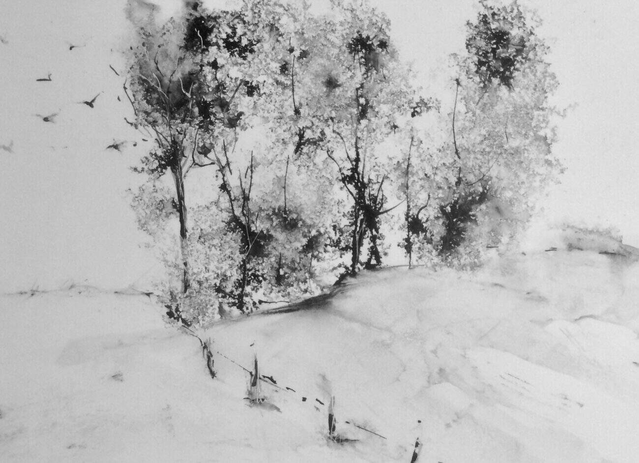 Monochrome landscape painting of a snowy hillside with a line of trees, several dark birds flying at left, and fence posts crossing the foreground.